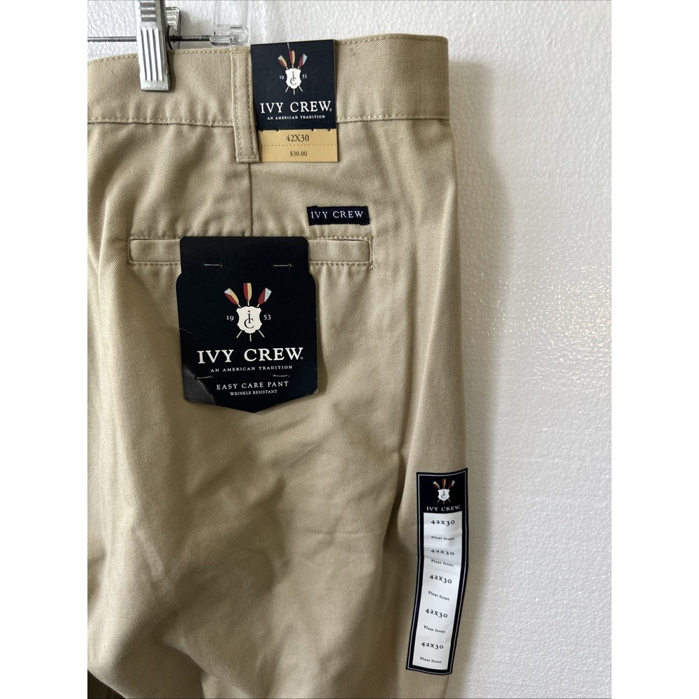 NWT Ivy Crew Pants Men's 42x30 TAN EASY CARE PANT Pleated Front Comfort Waist - Picture 4 of 7